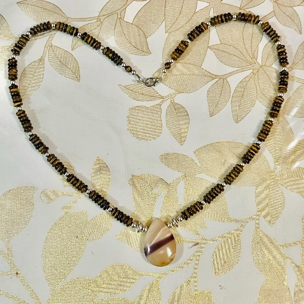 Vtg Southwest Hematite Pearl Bench Beads Tiger Eyes   Pendant Necklace 21”